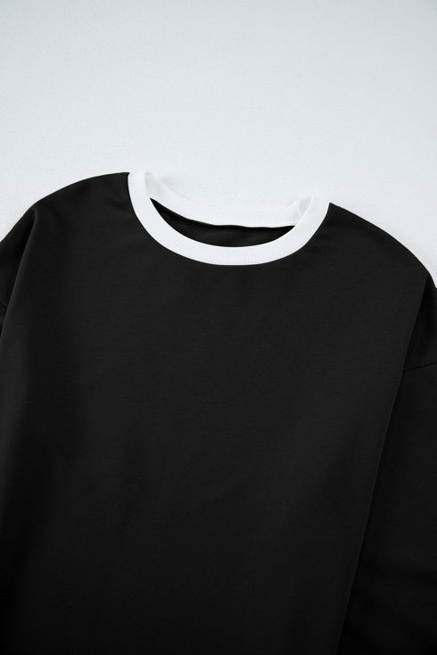 Varsity Stripe Contrast Collar Drop Shoulder Pullover And Drawstring Wide Leg Pant Set